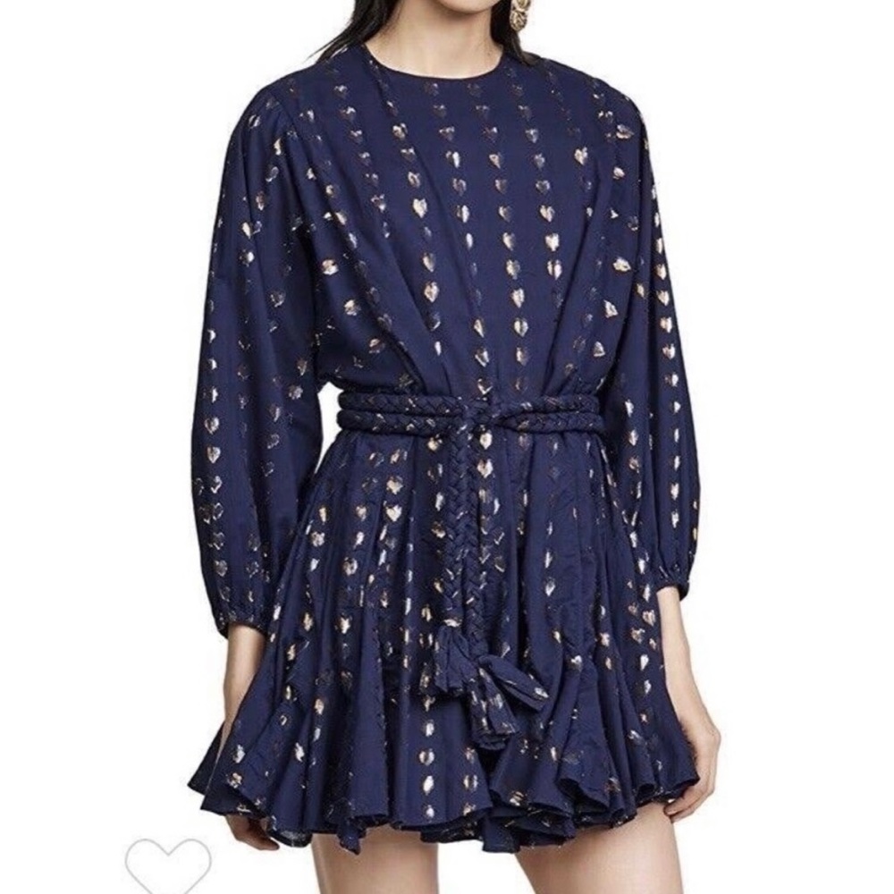 RHODE. Ella limited edition, metallic heart print dark blue dress.
